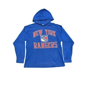 Vintage 90s New York Rangers NHL Hooded Long Sleeve T-Shirt Blue Mens XL Graphic